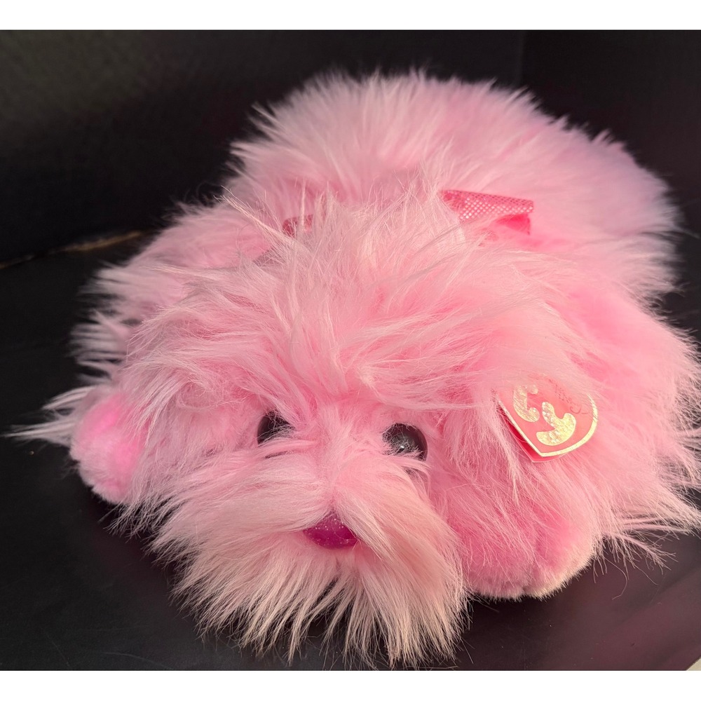 Ty Pinkys Lil Gloss Pink Shaggy Dog Plush Stuffed Animal Long Hair Bow 14 " Tag